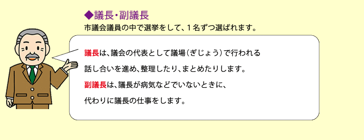 議長・副議長：市議会議員の中で選挙をして、1名ずつ選ばれます。議長は、議会の代表として議場（ぎじょう）で行われる話し合いを進め、整理したり、まとめたりします。副議長は、議長が病気などでいないときに、代わりに議長の仕事をします。