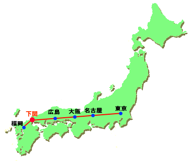 日本地図上の下関の位置
