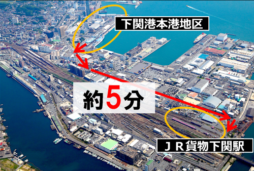 下関港本港地区からJR貨物下関駅まで約5分で到達