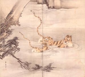 狩野芳崖《虎図》幕末~1875年頃、紙本墨画淡彩