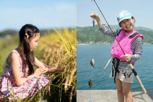 左側は小学生の女の子が稲を触っている画像、右側は小学生の女の子が魚を釣り上げた画像